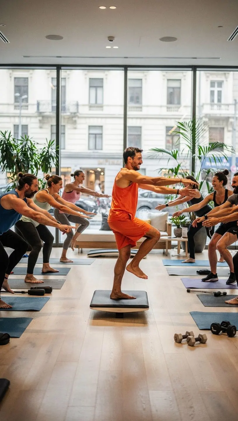 Nő, aki jógaszőnyegen áll egyensúlyozva, a szobájában.