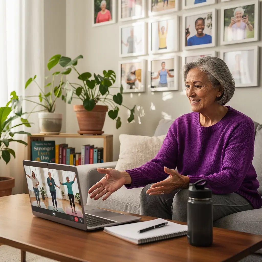 Idős hölgy, aki egyensúlyozó gyakorlatot végez egy széken ülve.