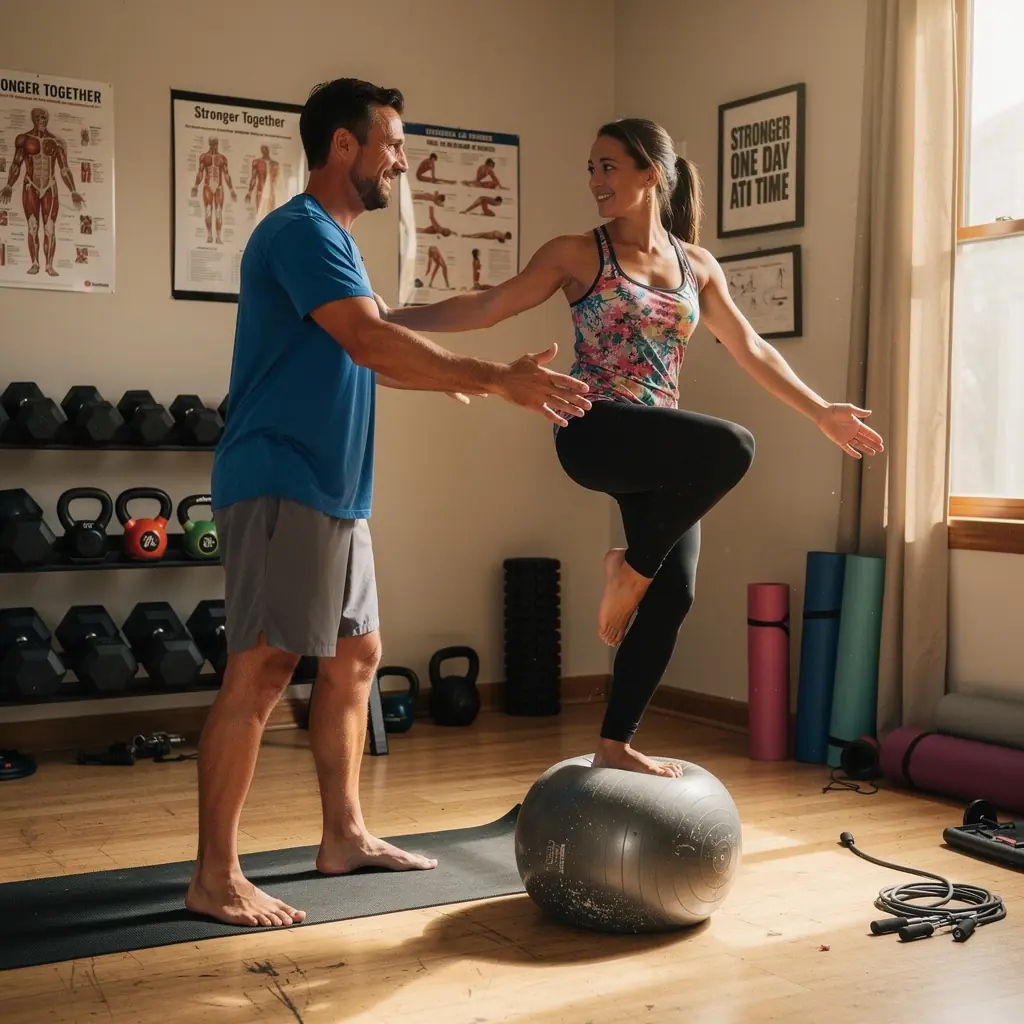 Egészséges női figura egyensúlyozó gyakorlatot végez egy otthoni környezetben.