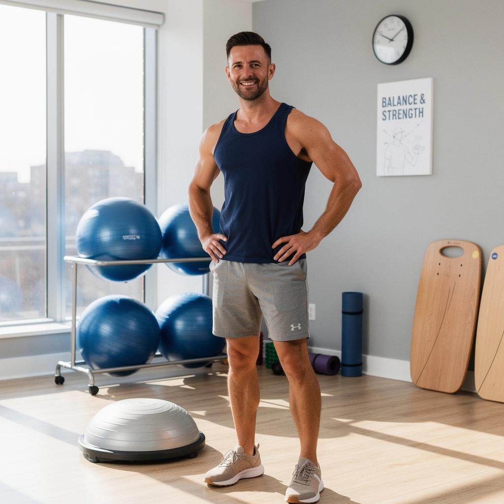 Férfi, aki súlyzókkal végez erősítő gyakorlatokat a nappalijában.